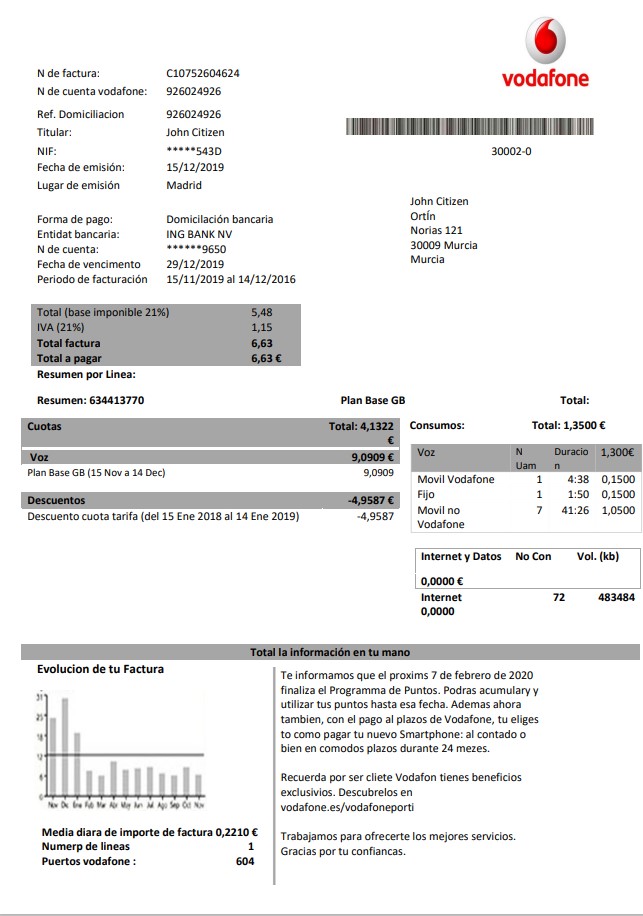 Spain Vodafone telecommunications utility bill template in Word and PDF format